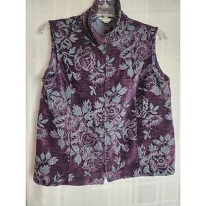 Christopher Banks Womens Floral Tapestry Vest Purple Blue Zipper XL